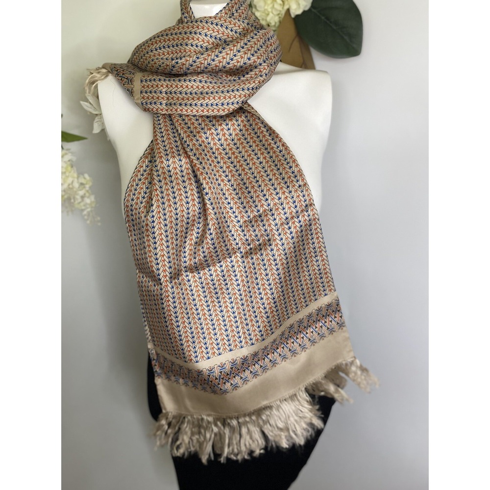 Silk Rectangular Scarf Beige Multi 100%  12" x 45" Japanese‎ Fringe Vintage NWOT